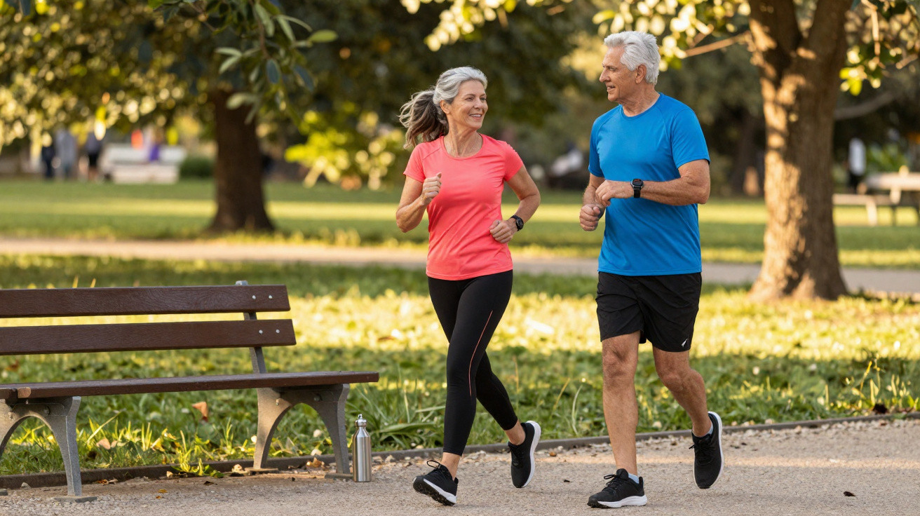Casal sénior a correr e sorrir num parque com árvores e banco ao lado ao fundo.
