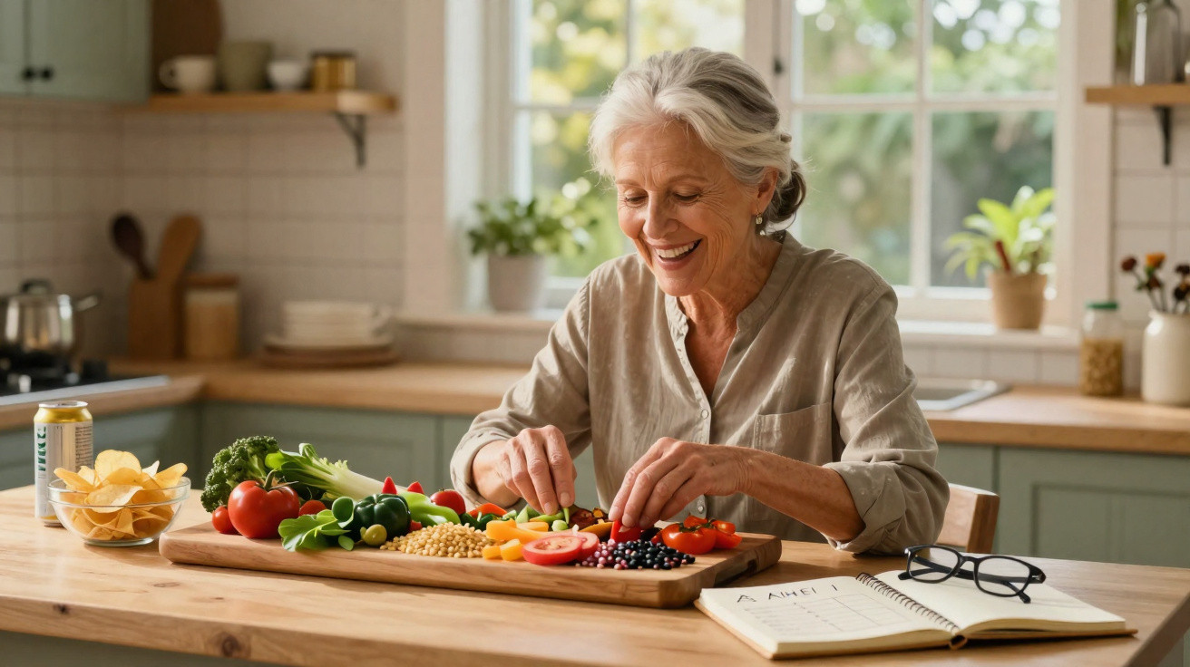 Mulher idosa sorridente prepara legumes variados numa tábua na cozinha iluminada e acolhedora.