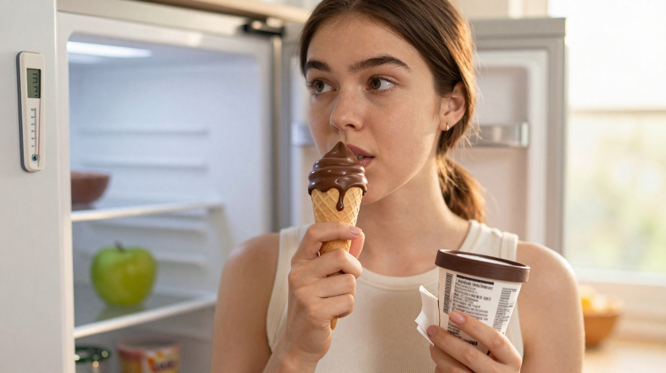 Mulher a comer gelado de chocolate em cone, com frigorífico aberto ao fundo.
