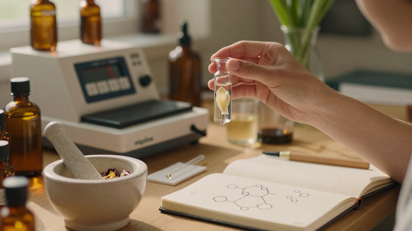 Mão segura tubo de ensaio com planta, perto de caderno com desenho molecular e utensílios de laboratório.