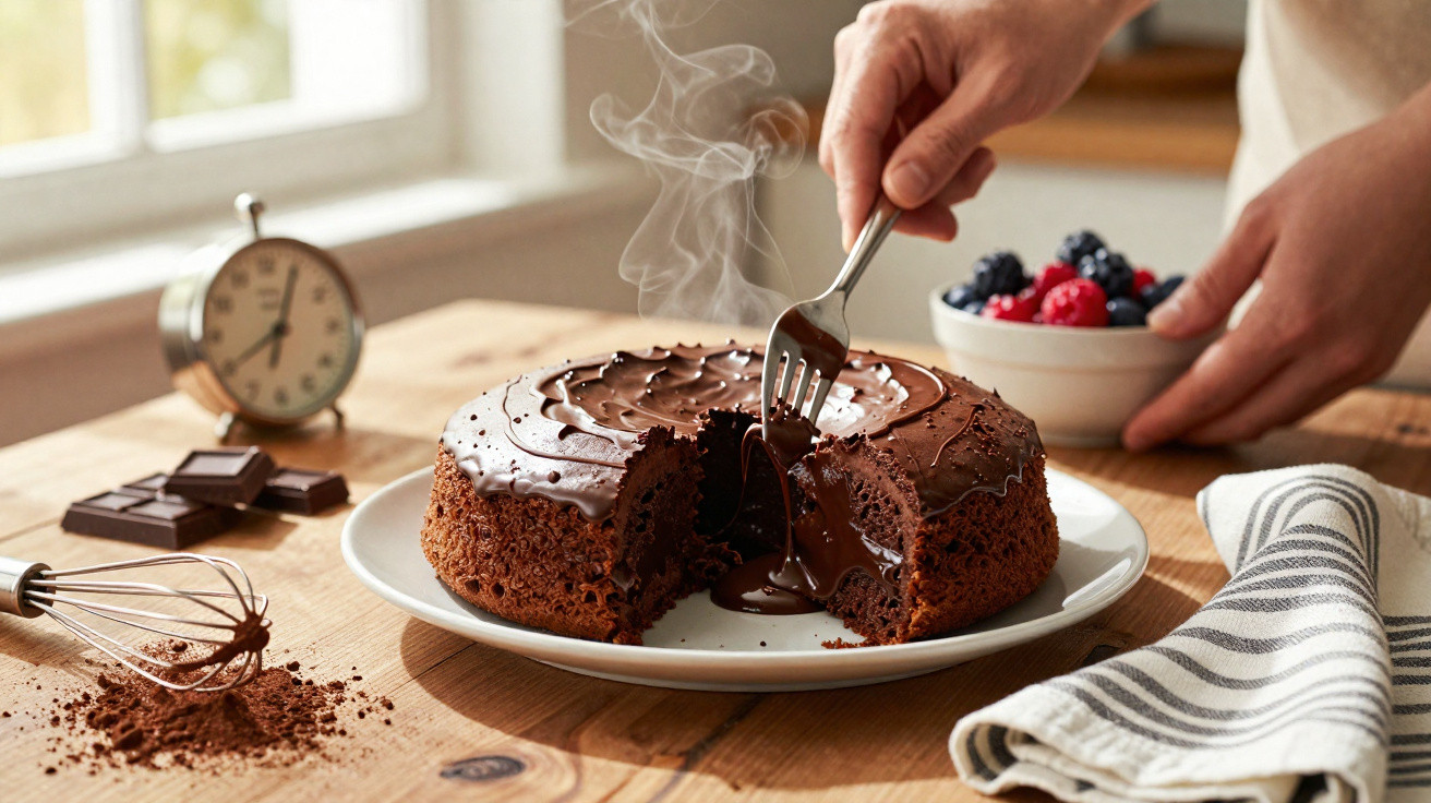 Bolo de chocolate quente com recheio cremoso fumegante, mão a cortar pedaço com garfo.