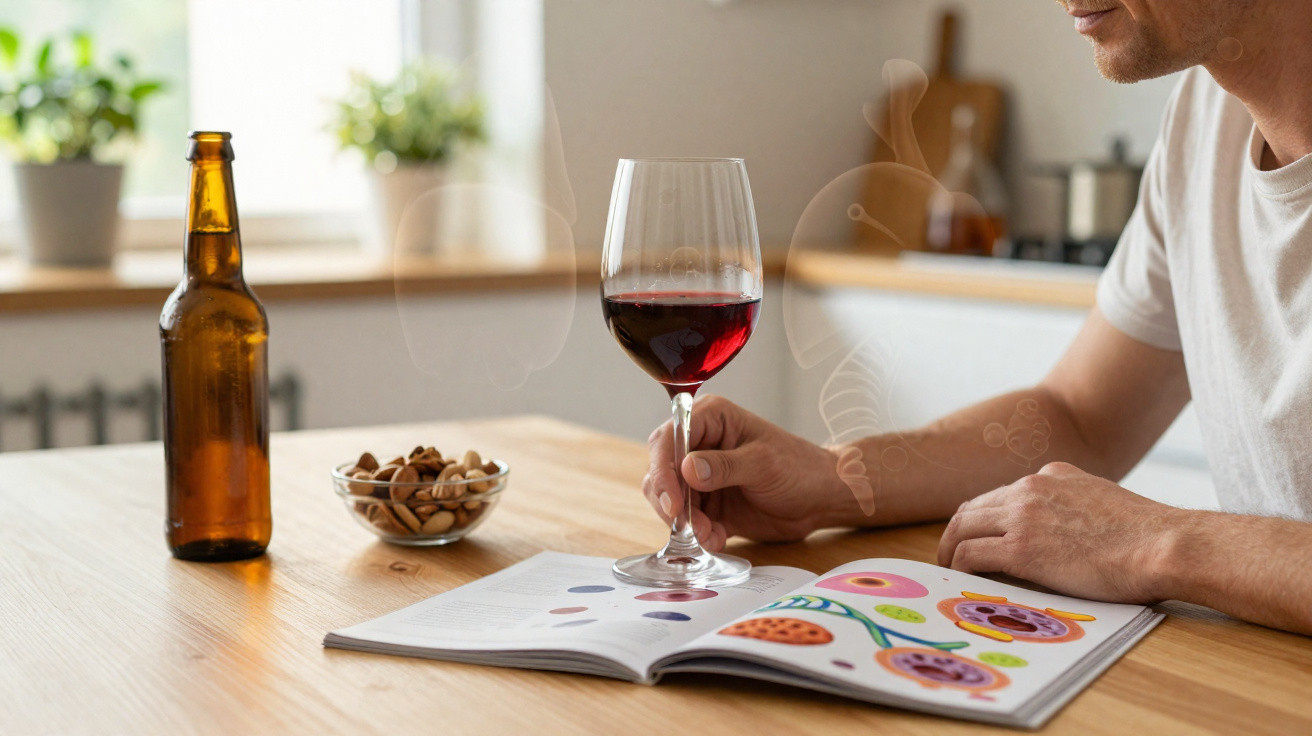 Pessoa a segurar copo de vinho tinto, com garrafa de cerveja, petiscos e livro de desenhos numa mesa de madeira.