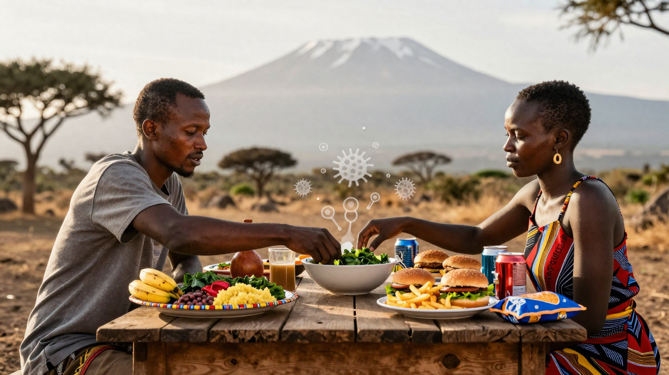 Casal africano a partilhar uma refeição ao ar livre com montanha ao fundo e pratos variados na mesa.