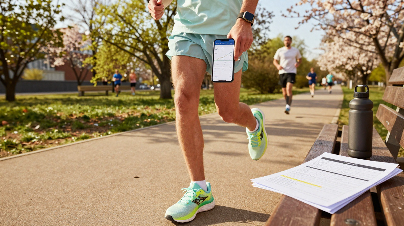 Pessoa a correr ao ar livre, a segurar um telemóvel com gráfico de corrida, junto a banco com garrafa e documentos.