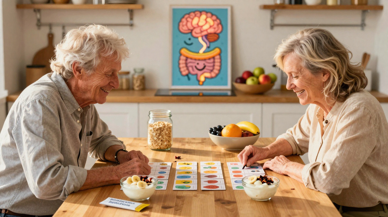 Casal idoso sentado à mesa a jogar um jogo de cartas educativo, com tigelas de frutas e imagem do cérebro ao fundo.