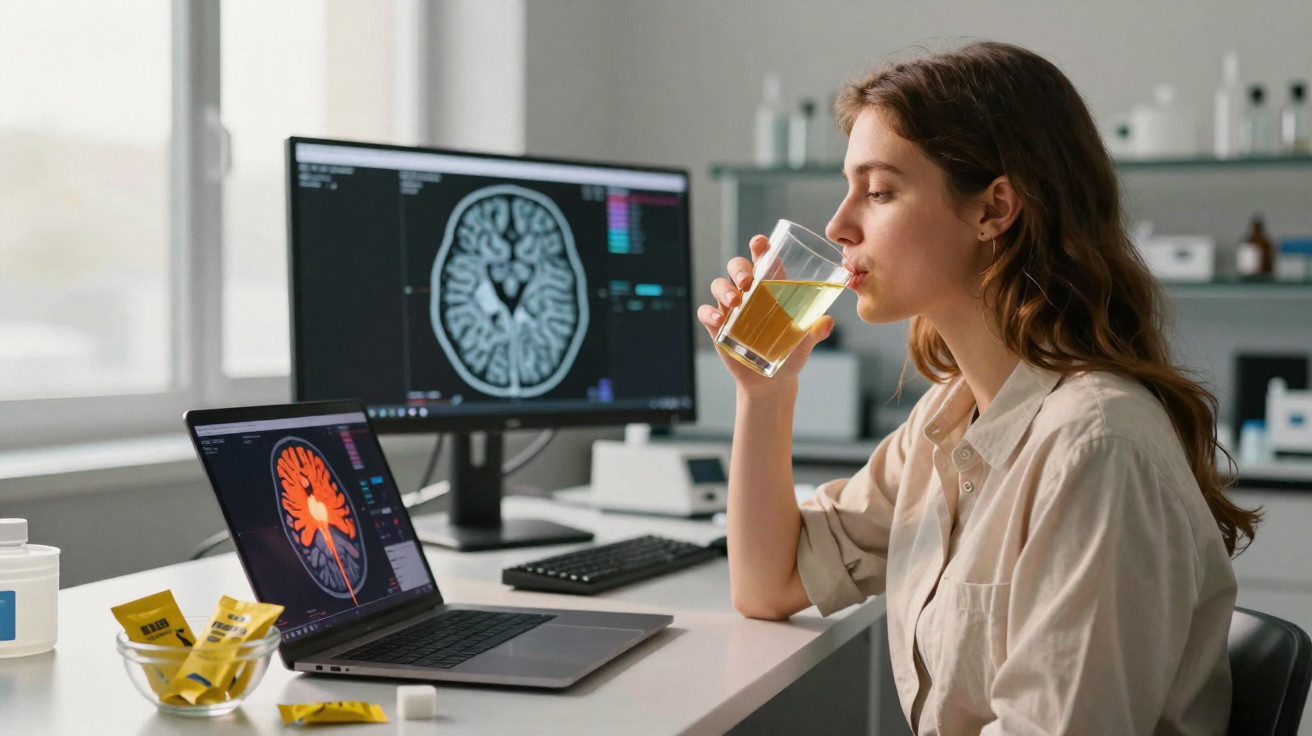 Mulher a beber água junto a computador com imagens digitais do cérebro numa sala de laboratório moderna.