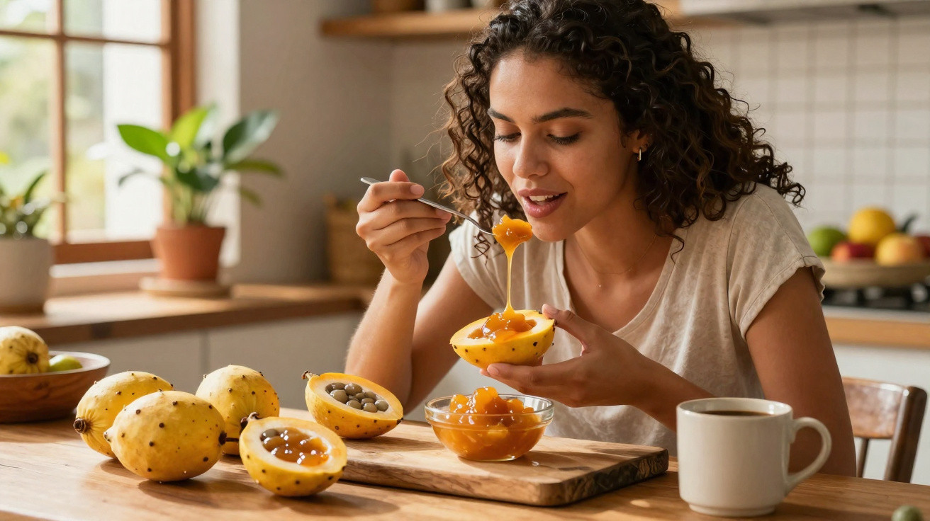 Mulher a saborear maracujá amarelo na cozinha, com várias frutas e chá numa caneca à sua frente.