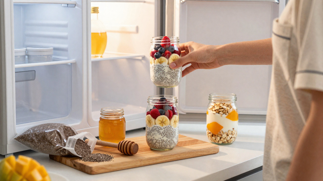 Mão a retirar frasco com iogurte, frutos e sementes do frigorífico sobre bancada com outros frascos e mel.