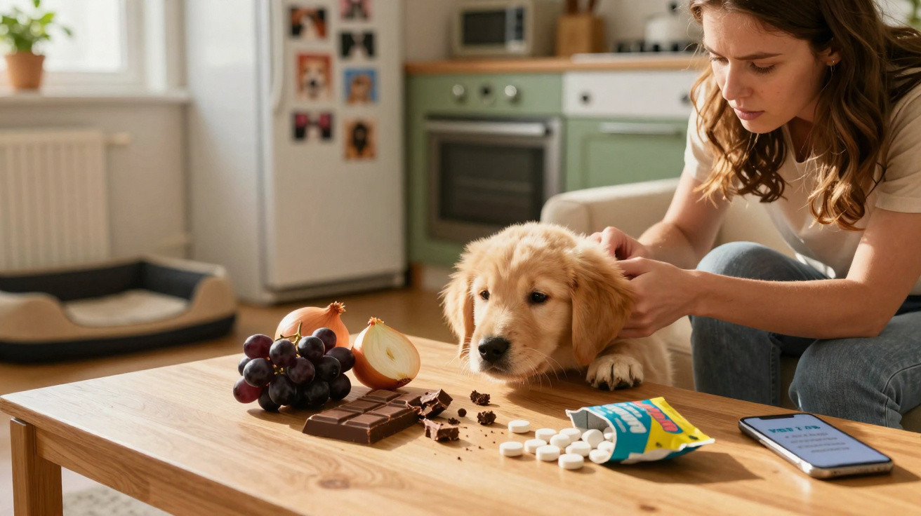 Mulher segura filhote enquanto cachorro observa alimentos perigosos para cães numa mesa na cozinha.