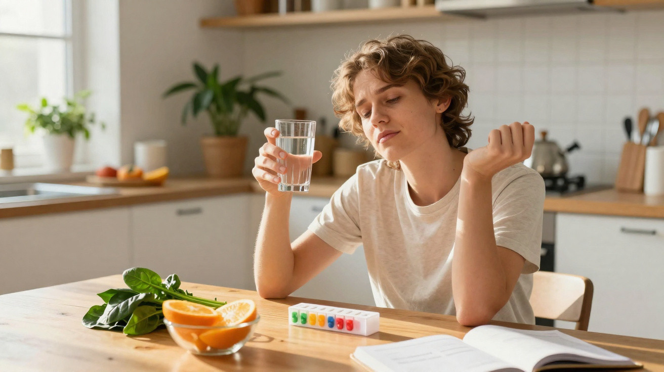 Jovem sentado à mesa da cozinha com copo de água e caixa de comprimidos coloridos.