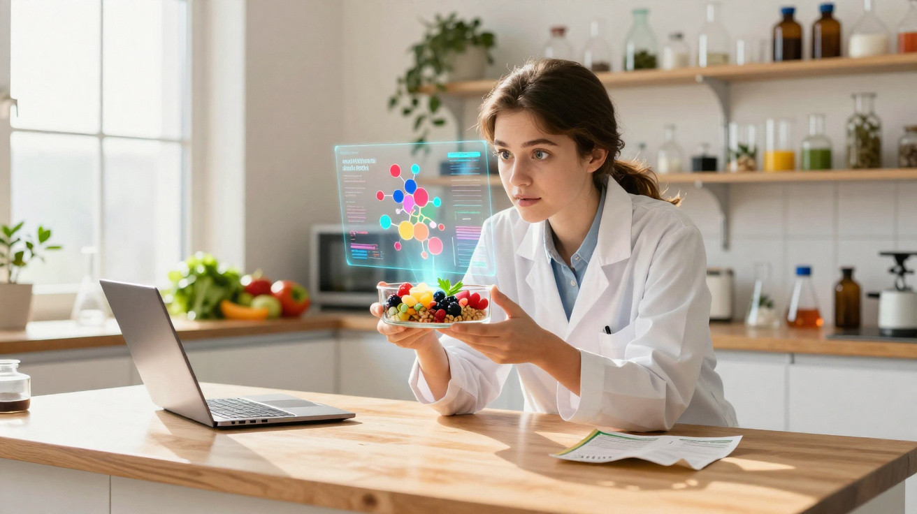 Mulher cientista com bata branca analisa fruta fresca numa cozinha luminosa com laptop e gráficos holográficos.
