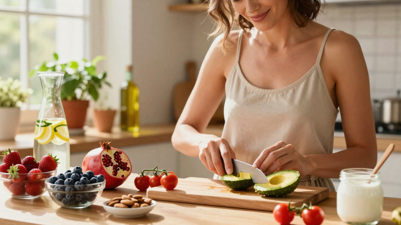 Mulher a cortar abacate na cozinha com frutas, legumes e iogurte na mesa à sua frente.
