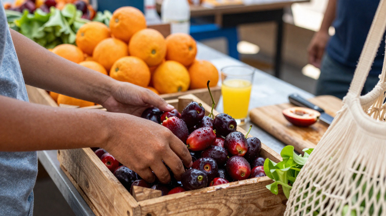 Mãos a escolher ameixas num mercado com caixas de fruta, laranjas e copo de sumo ao fundo.