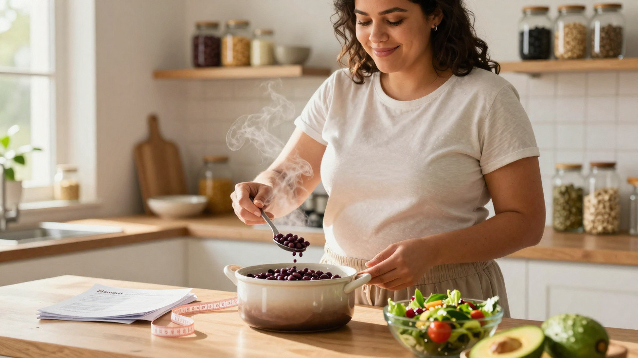 Mulher sorridente cozinha feijão quente numa panela na cozinha, com salada e abacate na bancada.