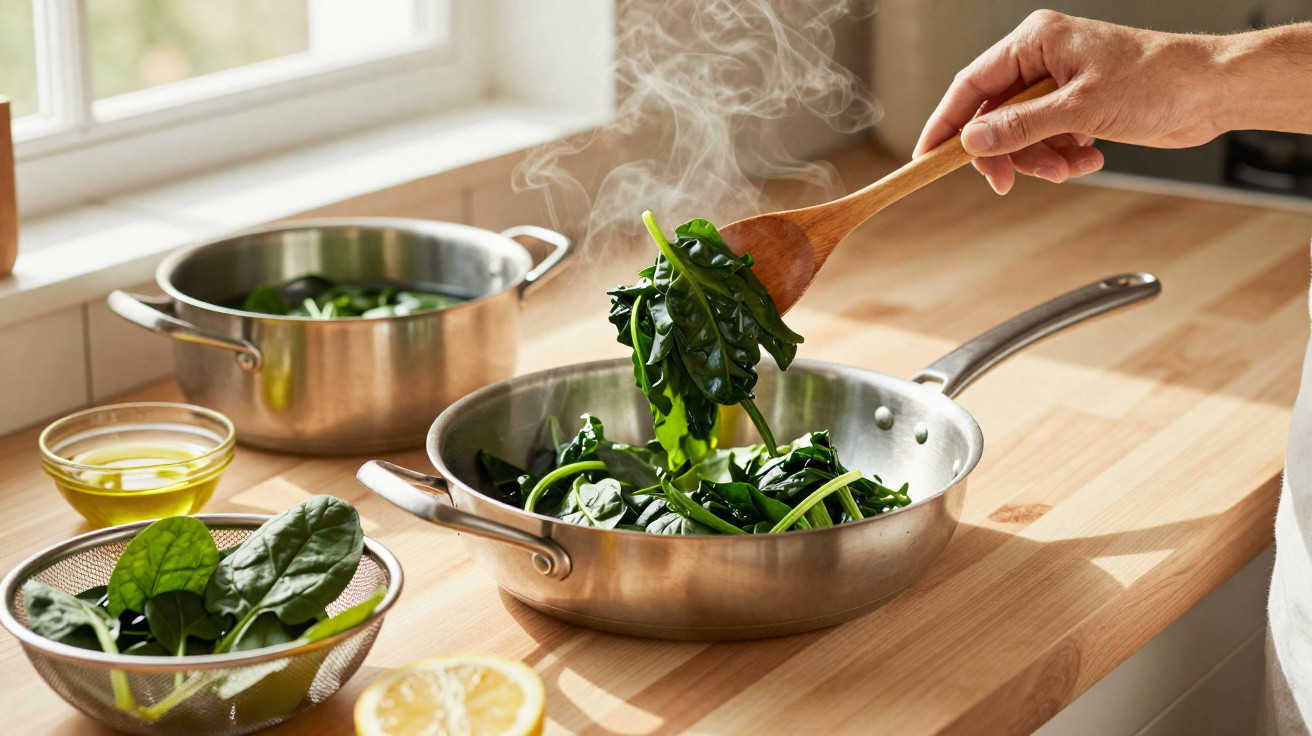 Mão a cozinhar espinafres frescos numa frigideira metálica numa cozinha iluminada por luz natural.