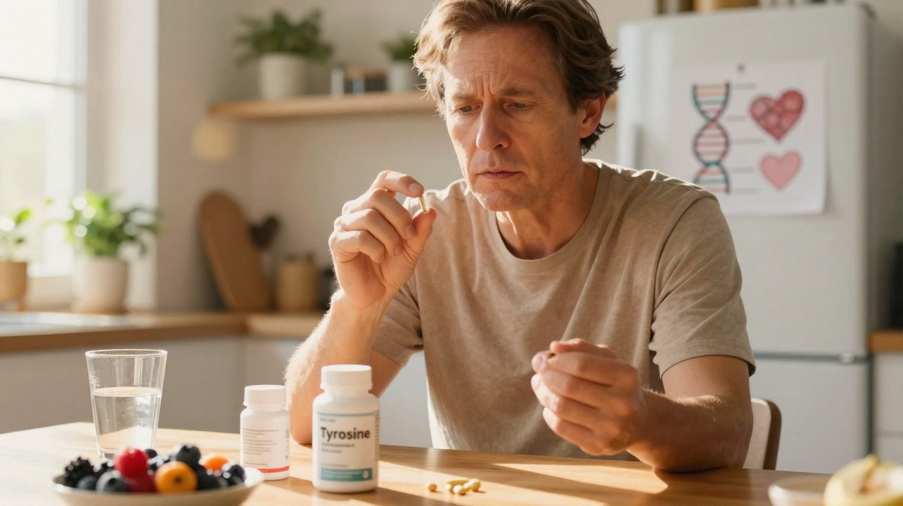 Homem sentado à mesa a analisar um comprimido, com frascos de suplementos e fruta à sua frente.