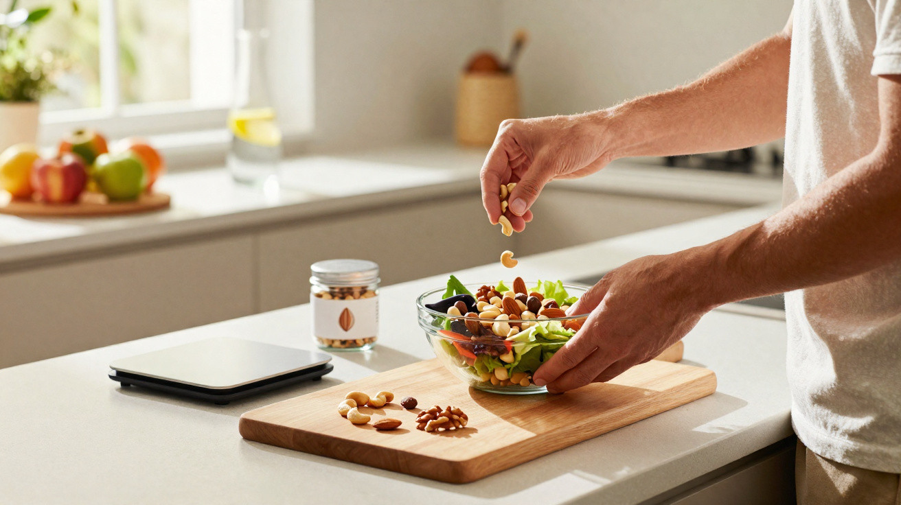 Pessoa a preparar uma salada saudável com frutos secos numa cozinha iluminada.