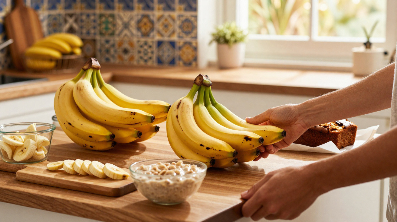 Mãos a pegar cachos de bananas frescas numa cozinha com tábua, iogurte e bolo ao fundo.