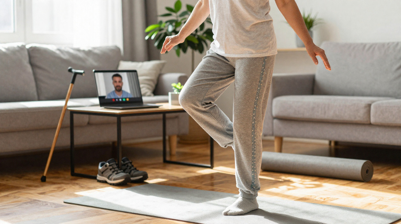 Pessoa em roupa confortável faz exercício de equilíbrio em sala com tapete, computador e muleta ao lado.