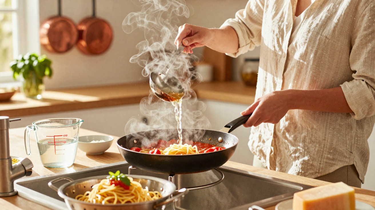 Pessoa a cozinhar esparguete com molho de tomate numa cozinha iluminada e acolhedora.