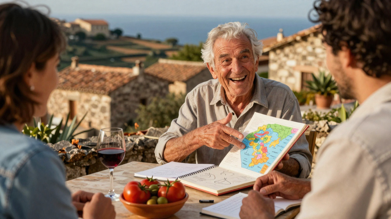 Homem idoso a mostrar mapa colorido a casal jovem numa mesa com tomates e copo de vinho, em ambiente rural.