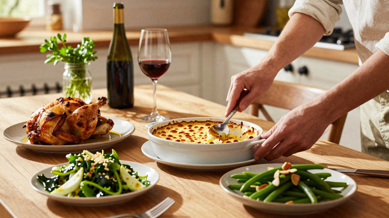 Pessoa a servir prato de puré gratinado, com frango assado, saladas e copo de vinho numa mesa de madeira.