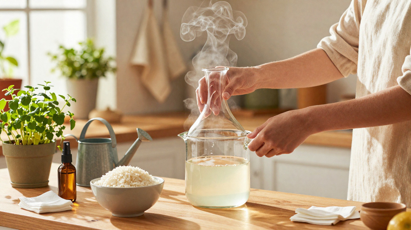 Pessoa a manusear um recipiente de vidro com vapor, com tigela de arroz e plantas numa bancada de cozinha iluminada.