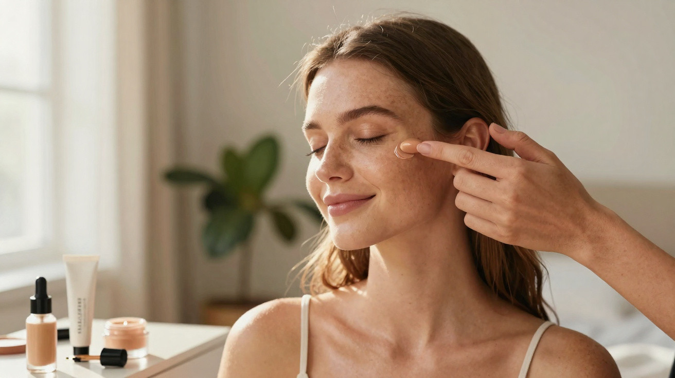 Mulher com olhos fechados a receber maquilhagem aplicada na face por outra pessoa, em ambiente interior.