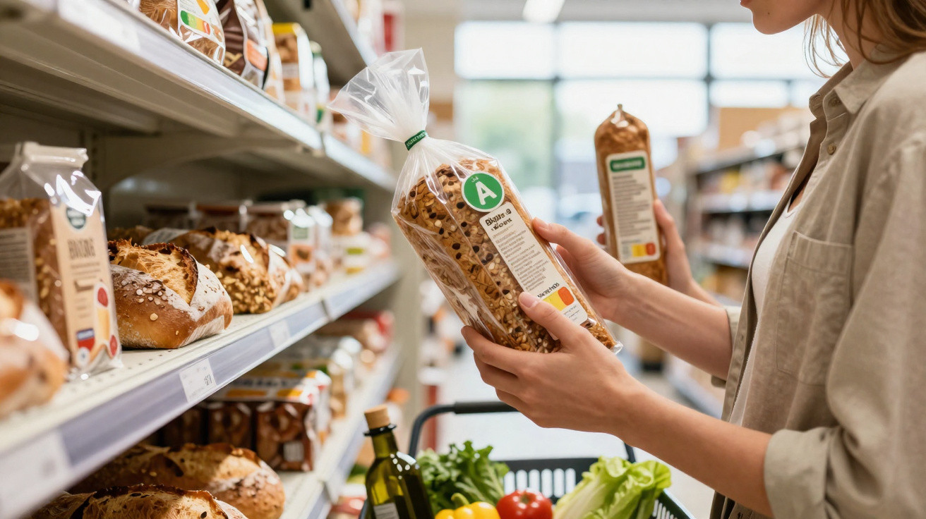 Pessoa a escolher pão embalado na secção de padaria de supermercado com carrinho de compras cheio.