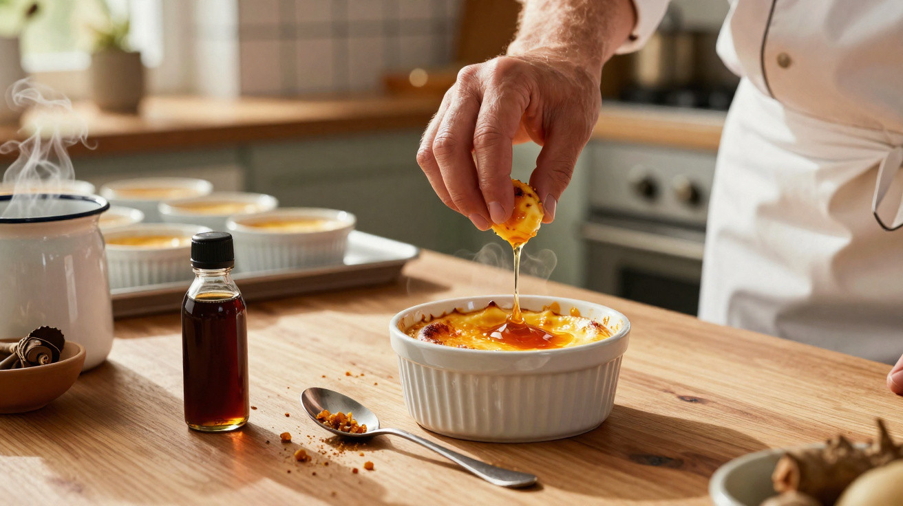 Pessoa a mergulhar um pedaço de pão em creme quente num recipiente branco numa cozinha acolhedora.