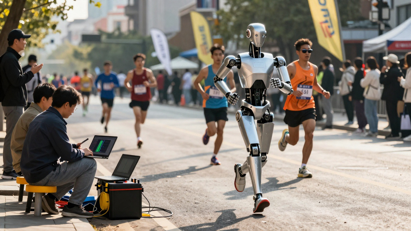 Robô a correr numa maratona de rua com vários atletas e técnicos a controlar resultados ao lado.