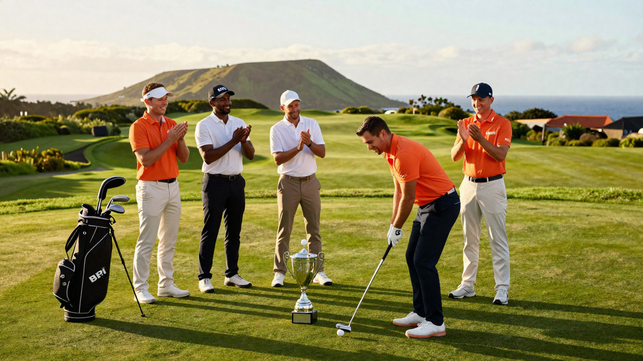 Grupo de golfistas aplaude jogador a rematar perto de troféu num campo de golfe com colina ao fundo.