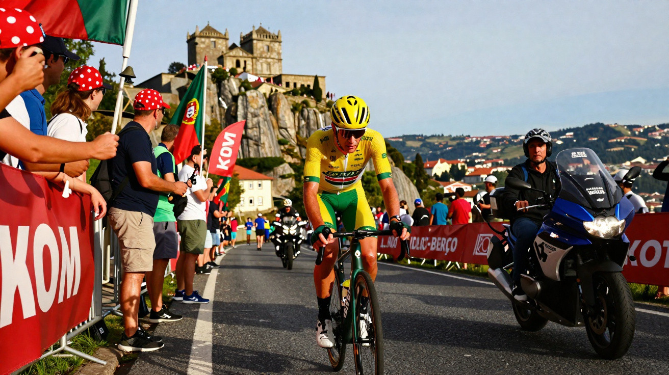 Ciclista em competição passa por multidão com bandeiras portuguesas perto de castelo sobre rochedo.