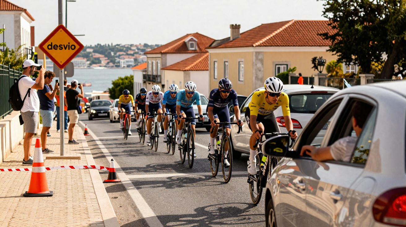 Ciclistas em corrida passam por rua com casas e pessoas a assistir, junto a sinal de desvio e carro estacionado.