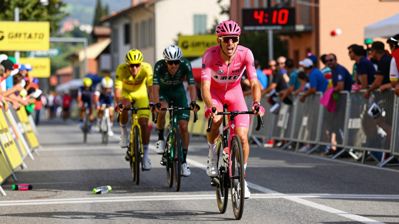 Ciclista em equipamento rosa a pedalar na frente, seguido por outros ciclistas numa corrida com público.