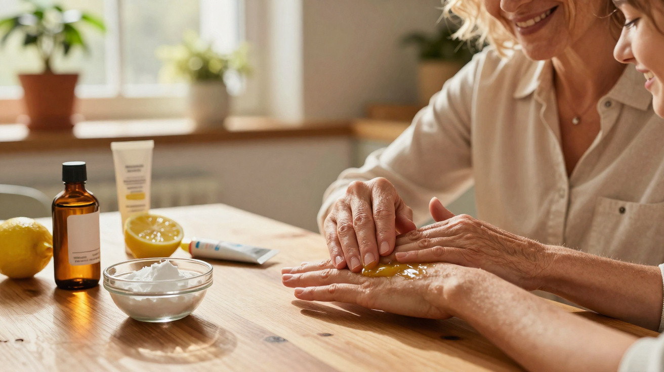 Duas mulheres aplicam óleo e creme nas mãos, num ambiente acolhedor com luz natural e produtos naturais em cima da mesa.