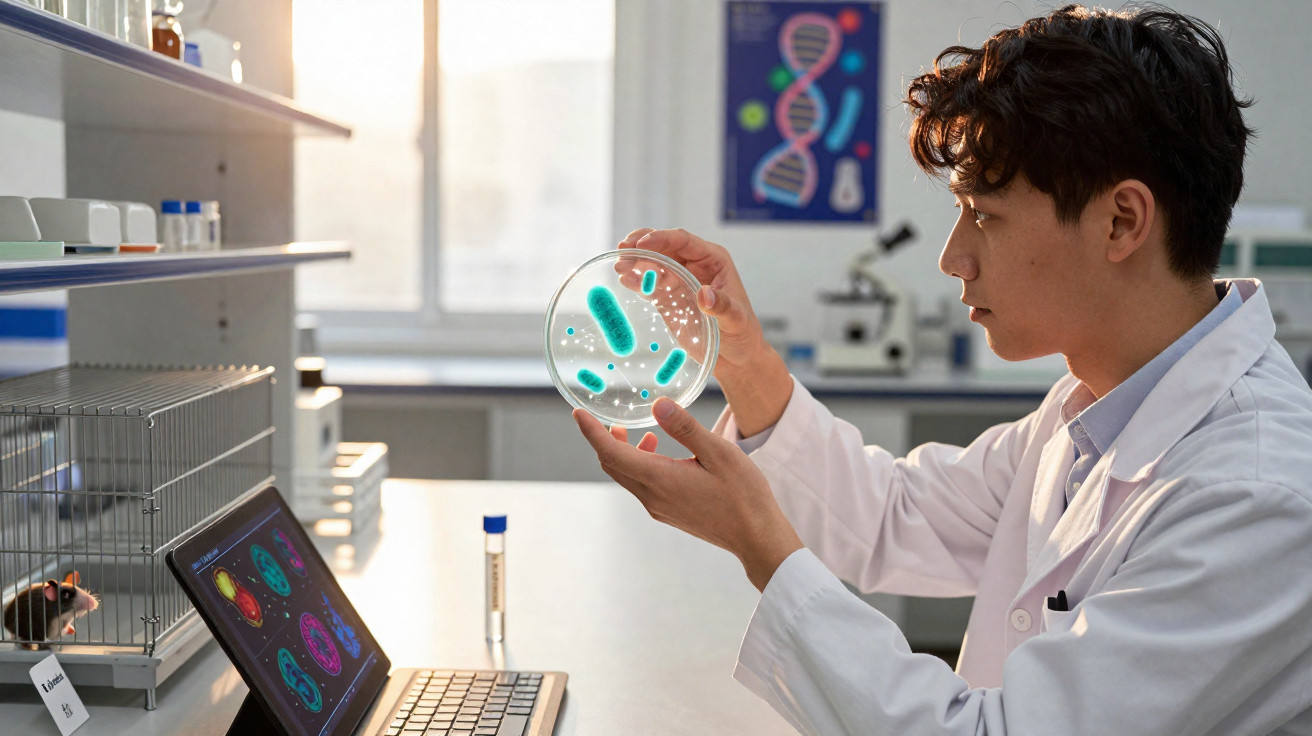 Cientista em laboratório examina placa de Petri com colónias de bactérias, computador e rato ao fundo.