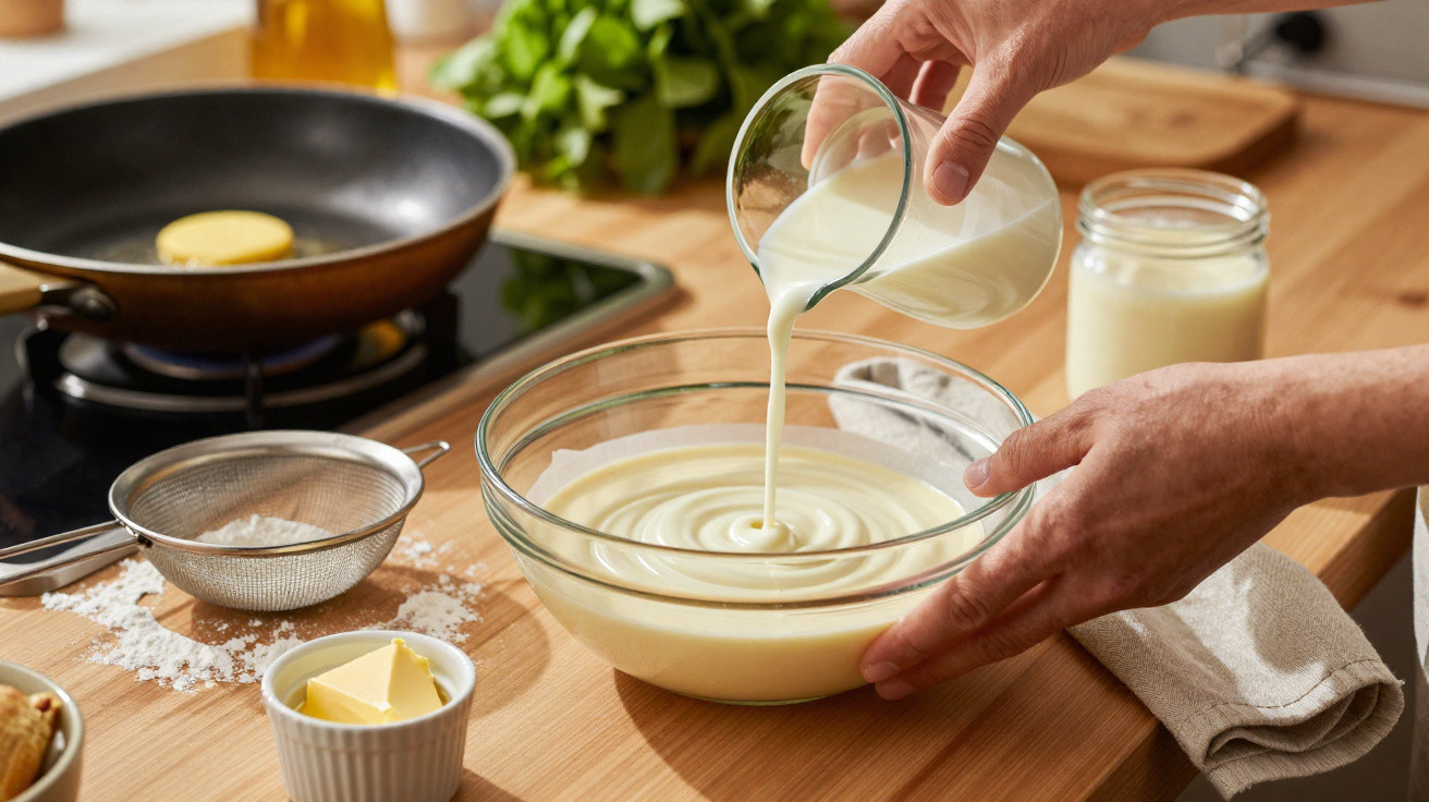 Mãos a misturar creme numa taça de vidro numa bancada com ingredientes e frigideira ao fundo.