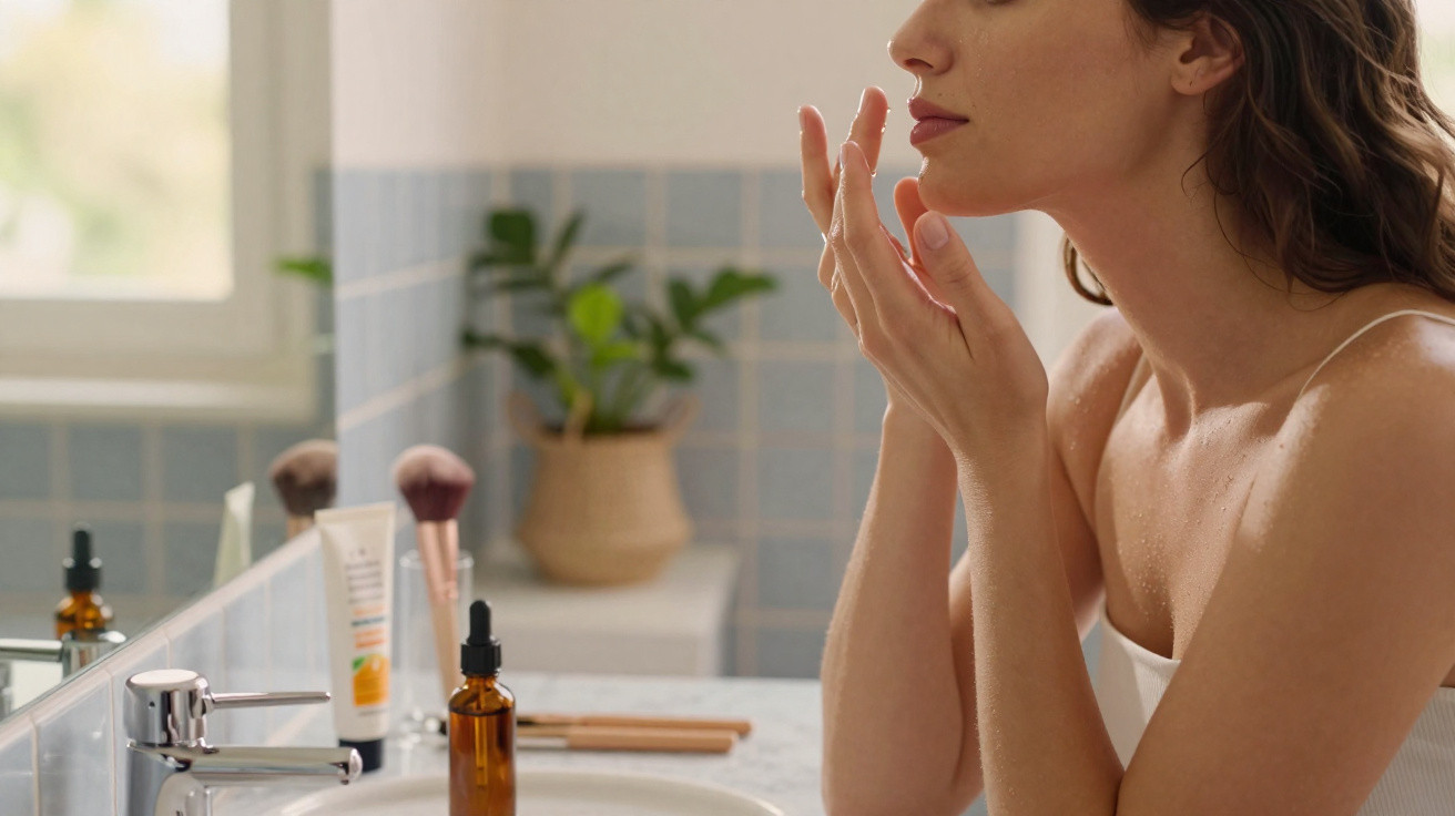 Mulher a aplicar creme facial à frente do espelho numa casa de banho com produtos de skincare na bancada.