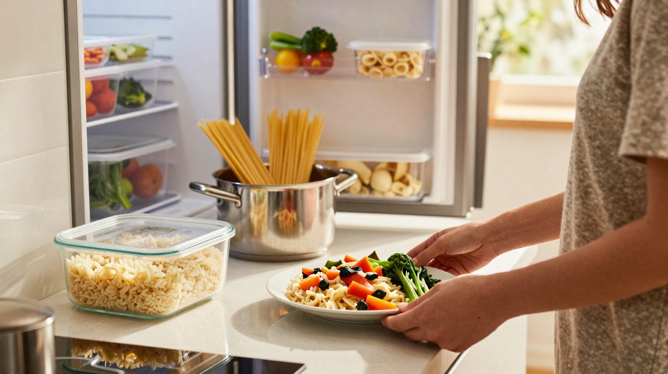 Pessoa a servir um prato de massa com legumes frescos numa cozinha moderna com frigorífico aberto ao fundo.