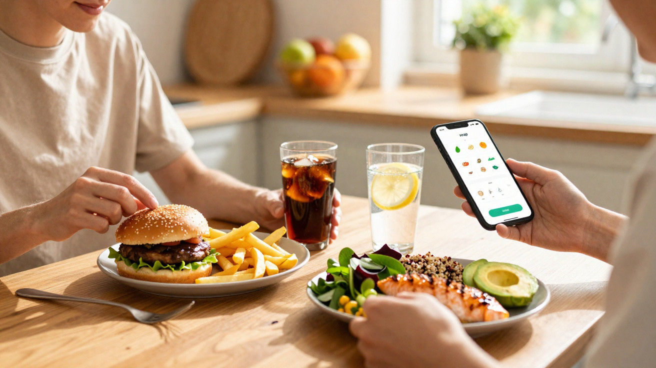 Duas pessoas a comer, uma com hambúrguer e batatas fritas, outra com salada e salmão, usando uma app no telemóvel.