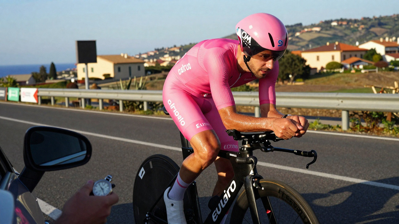 Ciclista em equipamento rosa e capacete rosa pedala numa bicicleta preta numa estrada com paisagem rural ao fundo.
