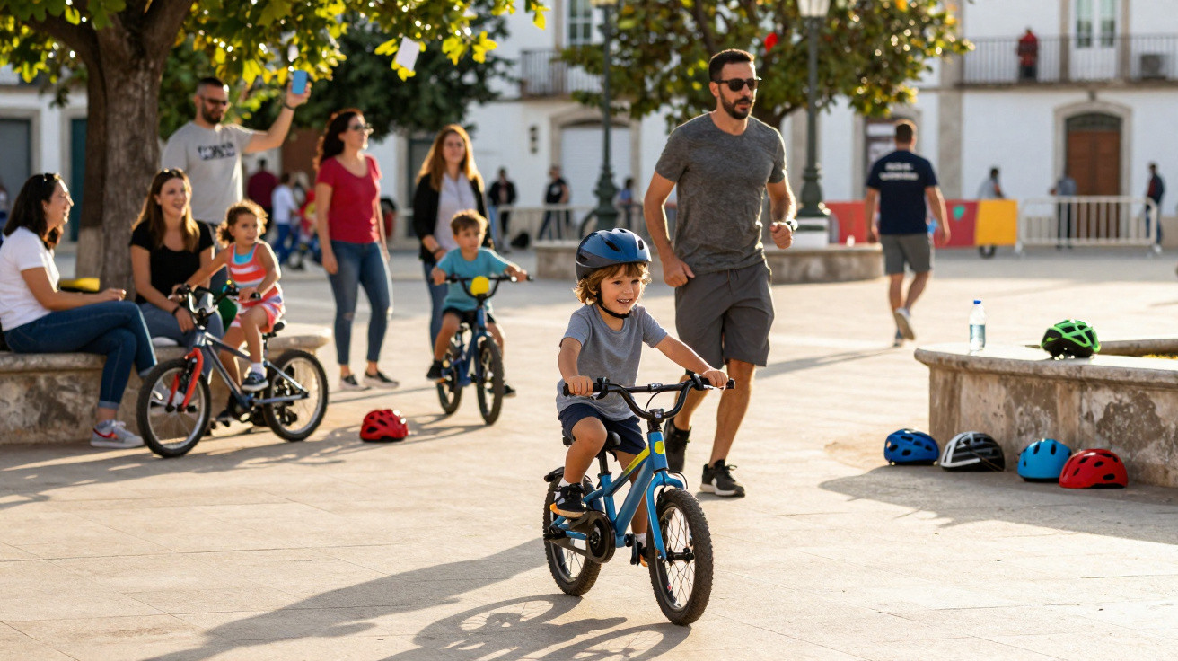 Crianças a aprender andar de bicicleta com capacetes, acompanhadas por adultos num espaço ao ar livre e ensolarado.