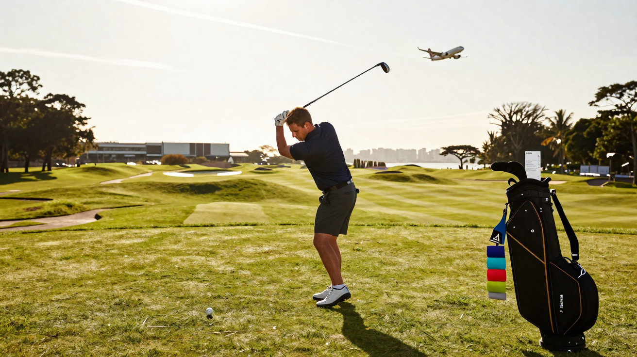 Homem a preparar-se para bater numa bola de golfe num campo com um avião a passar ao fundo.