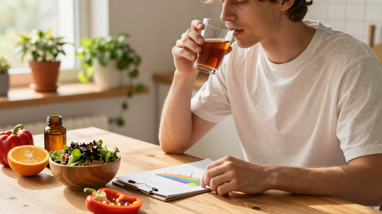 Pessoa a beber chá à mesa com salada, laranja e pimentos em ambiente iluminado natural.