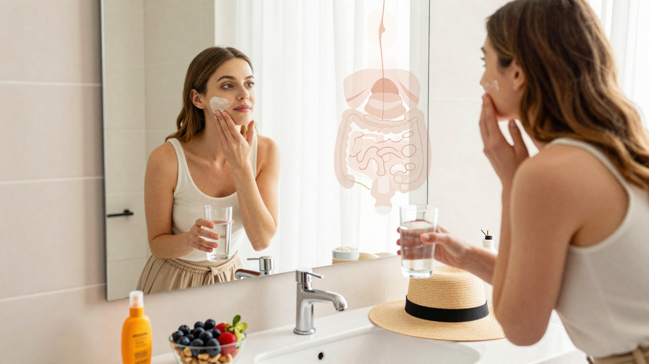 Mulher aplica creme facial enquanto segura copo de água em casa de banho moderna, ao lado de frutas e proteção solar.