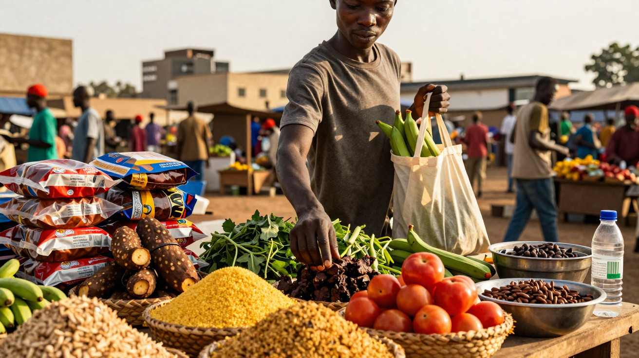 Homem a selecionar produtos frescos num mercado ao ar livre, com frutas, legumes e cereais à venda.