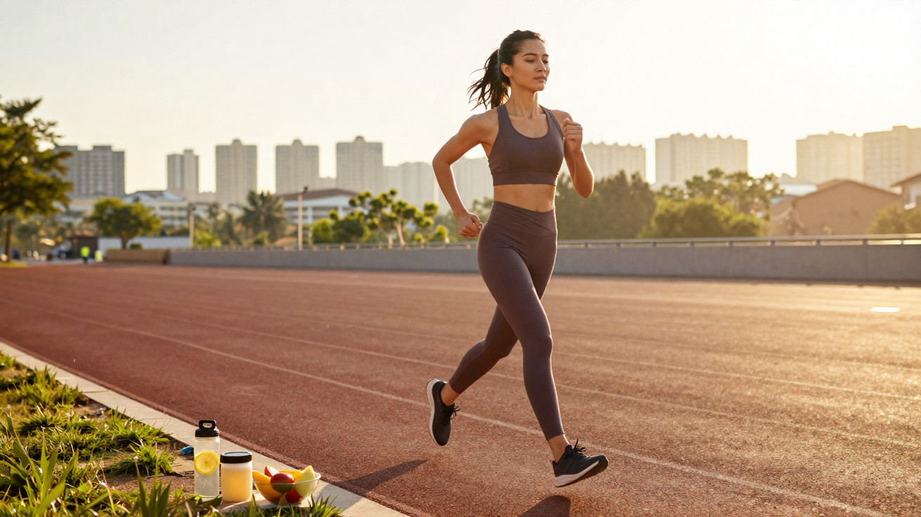 Mulher a correr numa pista de atletismo ao pôr do sol, com objetos de treino e fruta na relva.