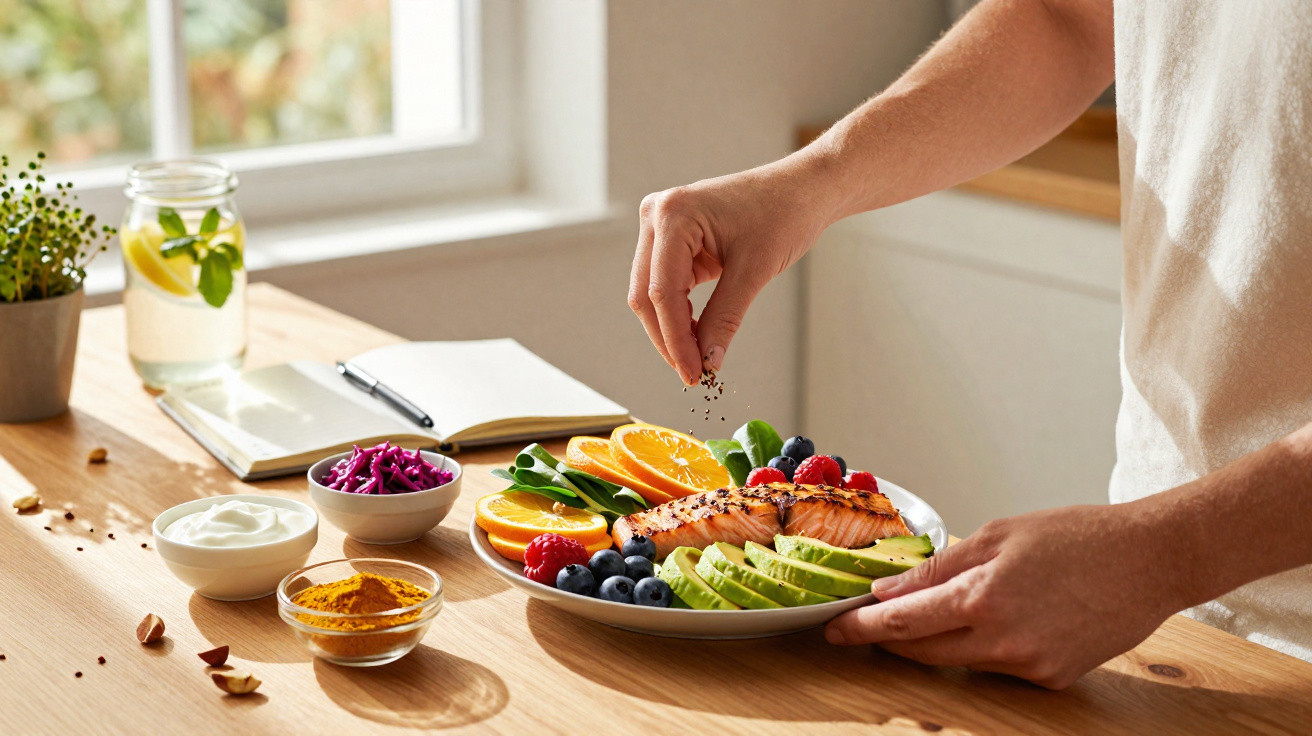 Mãos a temperar prato com salmão, abacate, frutas e legumes, com molhos e notebook numa mesa de madeira.
