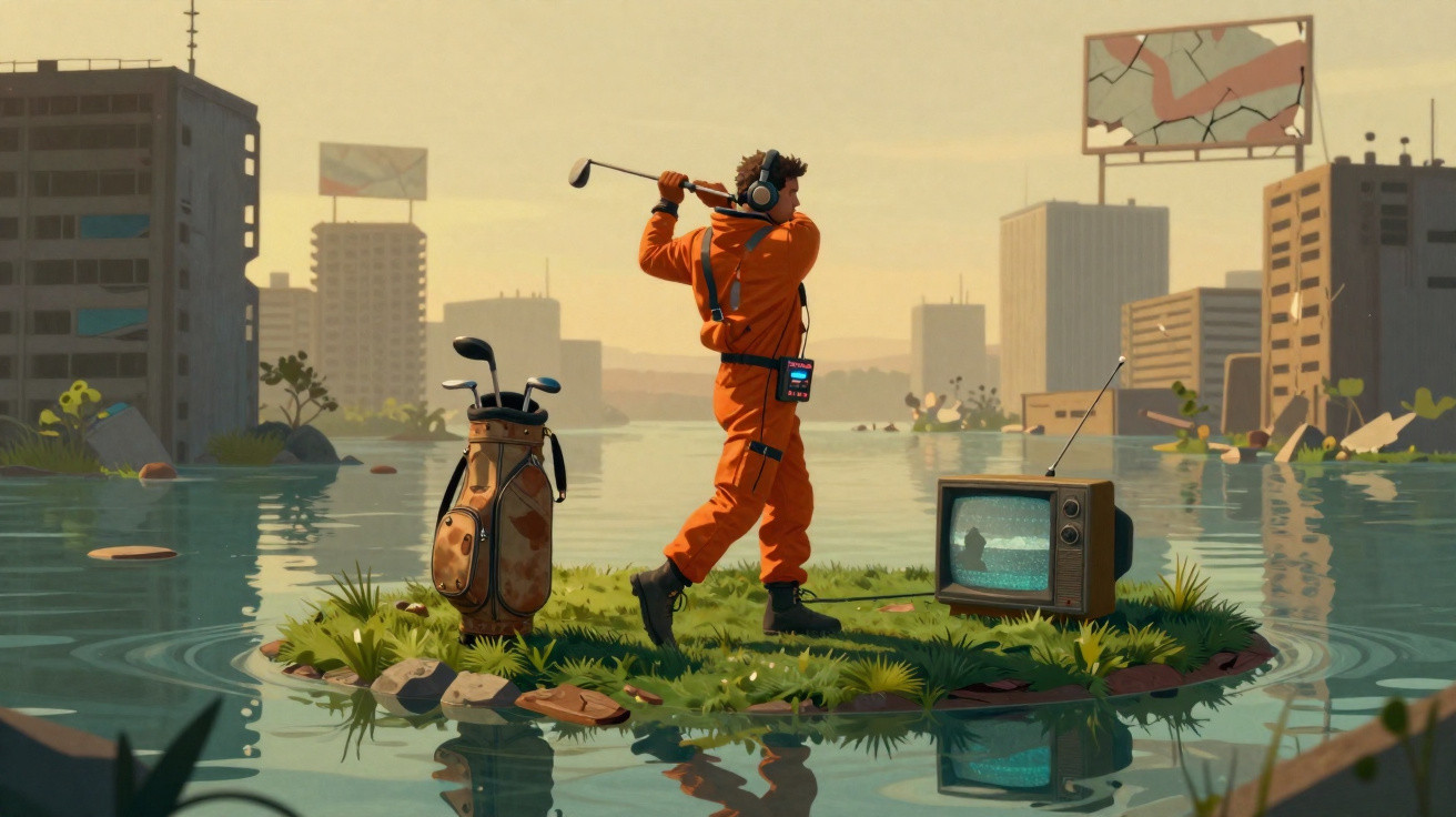 Homem vestido de laranja joga golfe numa pequena ilha rodeada de água e edifícios destruídos ao pôr-do-sol.
